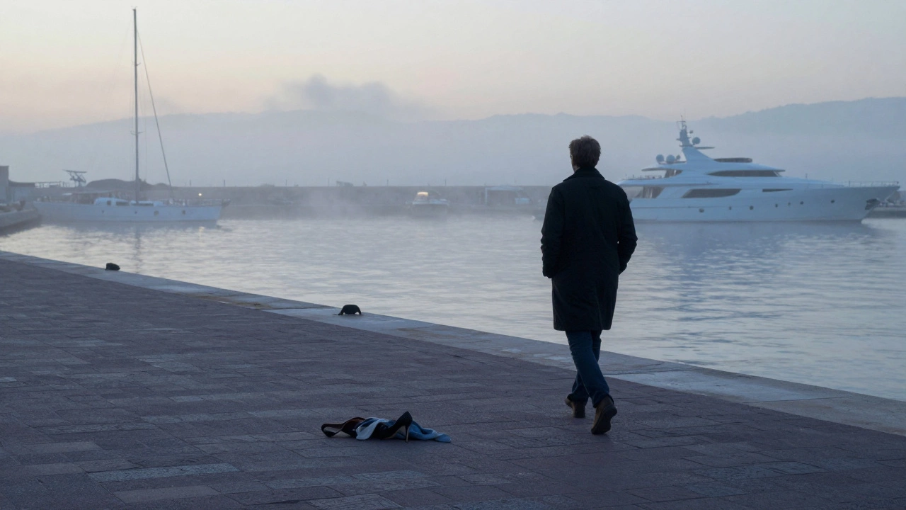 A solitary figure walks away from a misty harbor at dawn, a single shoe left behind on the cobblestones.