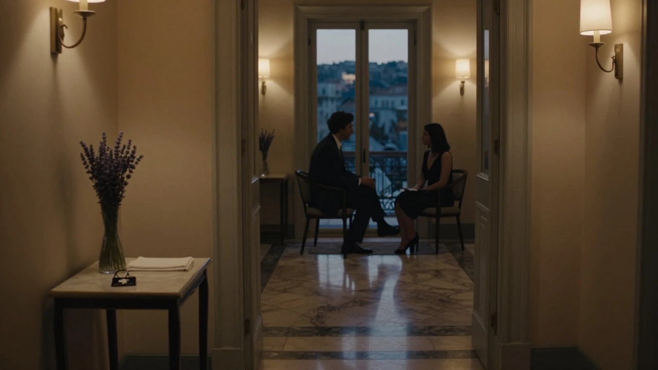 An elegant hotel hallway at twilight with a keycard and napkin on a table, door slightly open to a silent conversation.