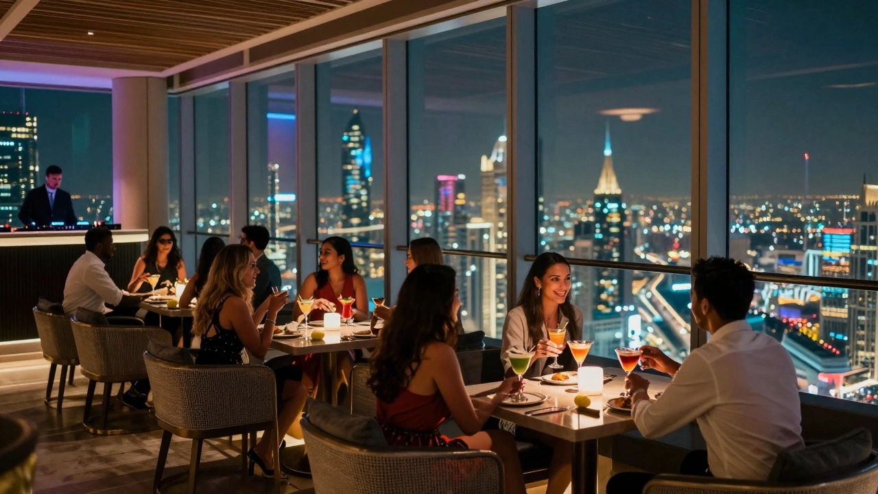 Elegant guests at a rooftop lounge overlooking Dubai&#039;s glittering cityscape under neon lights.